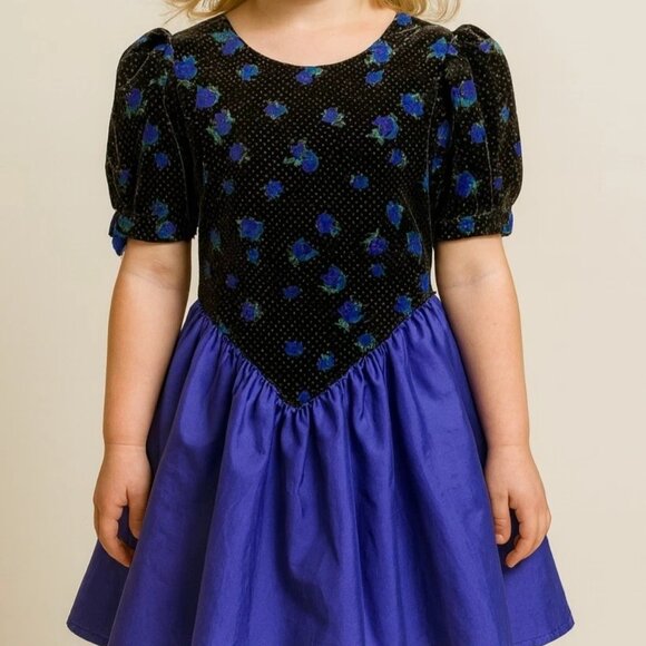 Vintage Bonnie Jean Dress 10 Velvet Floral Bow Sleeve Made USA Purple Party - Picture 1 of 11